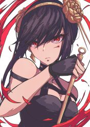 Rule 34 | 1girl, absurdres, black choker, black dress, black hair, blood, blood on face, breasts, choker, closed mouth, commentary, dress, earrings, flower, frown, hair flower, hair ornament, hairband, highres, holding, holding weapon, jewelry, karan koron100, looking at viewer, medium breasts, red eyes, short hair with long locks, sleeveless, sleeveless dress, solo, spikes, spy x family, upper body, weapon, white background, yellow hairband, yor briar