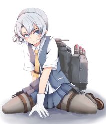 Rule 34 | 10s, 1girl, asymmetrical hair, bad id, bad pixiv id, black pantyhose, collared shirt, full body, gloves, grey eyes, grey skirt, kantai collection, loafers, looking at viewer, machinery, necktie, nowaki (kancolle), pantyhose, pleated skirt, shirt, shoes, silver hair, simple background, sitting, skirt, solo, swept bangs, thigh strap, tie clip, tokoi, vest, wariza, white background, white gloves, yellow necktie