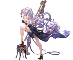 Rule 34 | ahoge, blue dress, bracelet, braid, breasts, choker, dress, from side, full body, granblue fantasy, gun, hair ribbon, high heels, jewelry, large breasts, leg up, long hair, looking at viewer, minaba hideo, official art, ponytail, ribbon, rifle, sideboob, silva (granblue fantasy), silver hair, simple background, very long hair, weapon, white background, wink, yellow eyes