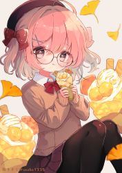 Rule 34 | 1girl, ahoge, ame usako, beret, black pantyhose, bow, brown-framed eyewear, brown eyes, brown hat, brown skirt, brown sweater, collared shirt, commentary request, cream, cream on face, crepe, feet out of frame, food, food on face, ginkgo leaf, glasses, grey background, hair between eyes, hair bow, hair ornament, hairclip, hat, highres, holding, holding food, knees together feet apart, knees up, leaf, licking lips, long sleeves, looking at viewer, original, pantyhose, pink hair, pleated skirt, red bow, round eyewear, shirt, simple background, skirt, sleeves past wrists, solo, sweater, tongue, tongue out, twitter username, two side up, white shirt, x hair ornament