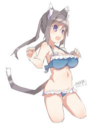 Rule 34 | 1girl, :d, animal ears, bare arms, bare shoulders, bikini, blue bikini, blush, breasts, cat ears, cat girl, cat tail, cropped legs, dated, fang, frilled bikini, frills, grey hair, groin, hair between eyes, large breasts, long hair, maze (gochama ze gohan), navel, open mouth, original, purple eyes, signature, simple background, sketch, smile, solo, standing, swimsuit, tail, tail raised, twintails, white background
