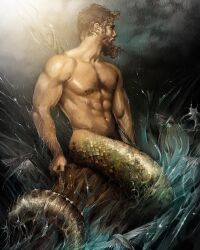 Rule 34 | 1boy, abs, arm hair, bara, beard, bulge, chest hair, cloud, cloudy sky, facial hair, fins, greek mythology, hairy, highres, holding, holding polearm, holding weapon, large pectorals, long beard, looking to the side, male focus, mature male, merman, monster boy, muscular, muscular male, navel, navel hair, nipples, nude, pectorals, polearm, poseidon (mythology), realistic, salem beiruti, short hair, sideburns, sky, solo, splashing, stomach, thick beard, thick thighs, thighs, water, weapon