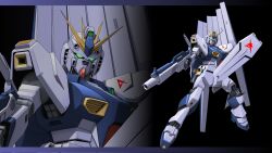 Rule 34 | 0-sum, aiming, beam rifle, char&#039;s counterattack, energy gun, fin funnels, glowing, green eyes, gun, gundam, highres, holding, holding gun, holding shield, holding weapon, insignia, letterboxed, looking at viewer, mecha, mobile suit, nu gundam, robot, science fiction, shield, solo, v-fin, weapon, zoom layer