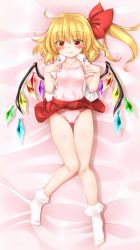 Rule 34 | bed sheet, blonde hair, bow, bow panties, camisole, clothes lift, covered erect nipples, eyes visible through hair, fang, flandre scarlet, hair between eyes, hair bow, highres, lying, marukyuu ameya, nail polish, on back, open clothes, open shirt, panties, pantyshot, pink camisole, pink panties, pleated skirt, red eyes, short sleeves, side ponytail, skirt, skirt lift, socks, touhou, underwear, wings
