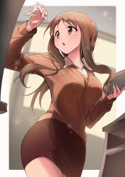 Rule 34 | 1girl, absurdres, book, breasts, brown eyes, brown hair, brown skirt, brown sweater, chalk, classroom, collared shirt, commentary request, desk, doorway, highres, holding, holding book, holding chalk, indoors, kootee-on, large breasts, long hair, long sleeves, matsumoto yoriko, open mouth, shirt, sidelocks, skirt, solo, standing, sweater, white shirt, yuyushiki