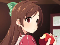 Rule 34 | 1girl, apple, blurry, blurry background, bow, brown hair, choker, depth of field, earrings, food, from side, fruit, green bow, hair bow, hand up, heart, heart earrings, holding, holding food, holding fruit, idolmaster, idolmaster cinderella girls, indoors, jewelry, long hair, parted bangs, puffy sleeves, red apple, red choker, red eyes, red shirt, shirt, solo, striped, striped bow, tsujino akari, uccow