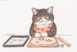 Rule 34 | animal focus, apron, cat, commentary request, cookie cutter, cooking, dough, mirin (mirin 4), no humans, original, painting (medium), rolling pin, table, traditional media, watercolor (medium)
