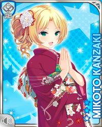 Rule 34 | 1girl, alternate hairstyle, blonde hair, blue background, bow, breasts, character name, girlfriend (kari), green eyes, hair bun, japanese clothes, jewelry, kanzaki mikoto, kimono, large breasts, long hair, nurse, official art, open mouth, own hands together, pink bow, purple kimono, qp:flapper, shirt, single hair bun, smile, solo, standing, tagme