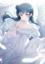 Rule 34 | 1girl, black hair, breasts, cleavage, closed mouth, commentary request, dress, feathered wings, feathers, hair bun, hand up, highres, juliet sleeves, long hair, long sleeves, looking at viewer, love live!, love live! sunshine!!, off-shoulder dress, off shoulder, puffy sleeves, red eyes, segawa luna, side bun, signature, single hair bun, single side bun, small breasts, smile, solo, tsushima yoshiko, white dress, white feathers, white wings, wide sleeves, wings