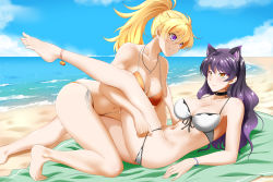 Rule 34 | 2girls, animal ears, ankle bell, banned artist, bare arms, bare legs, barefoot, beach, bikini, bikini pull, black choker, black hair, blake belladonna, blonde hair, blue sky, bracelet, breasts, cat ears, choker, cleavage, closed mouth, clothes pull, cloud, collarbone, day, eye contact, front-tie bikini top, front-tie top, highres, jewelry, kimmy77, large breasts, long hair, looking at another, multiple girls, navel, necklace, ocean, orange bikini, outdoors, parted lips, pulling another&#039;s clothes, purple eyes, rwby, side-tie bikini bottom, sky, slit pupils, swimsuit, very long hair, white bikini, yang xiao long, yellow eyes, yuri