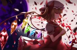 Rule 34 | 1girl, absurdres, ascot, blonde hair, blood, blurry, bow, closed mouth, crystal, eyelashes, flandre scarlet, floating hair, flower, frilled sleeves, frills, from side, hair bow, hat, highres, holding, holding flower, looking at viewer, miu (pixiv4149478), mob cap, one side up, petals, profile, puffy short sleeves, puffy sleeves, red eyes, red flower, red ribbon, red rose, red skirt, red vest, ribbon, rose, shards, short sleeves, skirt, skirt set, smile, solo, touhou, upper body, vest, wings