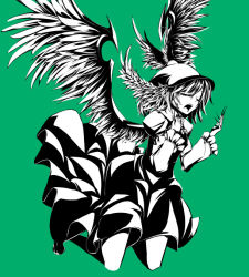 Rule 34 | 1girl, animal ears, beshi, bow, closed eyes, dress, feathers, female focus, fingernails, hair bow, hat, legs, long fingernails, long sleeves, monochrome, music, mystia lorelei, nail, open mouth, short hair, simple background, singing, solo, touhou, wings