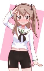 Rule 34 | 1girl, absurdres, bike shorts, black shorts, blonde hair, blush, blush stickers, breasts, brown eyes, cameltoe, closed mouth, collarbone, girls und panzer, gluteal fold, gogopaint, hairband, highres, looking at viewer, navel, ooarai school uniform, pink background, school uniform, shimada arisu, shorts, simple background, small breasts, smile, solo, two-tone background, white background