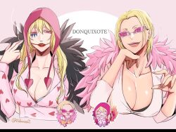 Rule 34 | 2girls, blonde hair, breasts, chibi, cigarette, cleavage, coat, commentary request, donquixote doflamingo, donquixote rocinante, earrings, feather coat, genderswap, genderswap (mtf), hat, head rest, heart, heart print, jewelry, large breasts, lips, lipstick, long hair, looking at viewer, makeup, multiple girls, nashieda, one piece, open mouth, pink-tinted eyewear, pink coat, red lips, shirt, short hair, siblings, sisters, smile, smoke, smoking, sunglasses, tinted eyewear, upper body, white-framed eyewear, white shirt