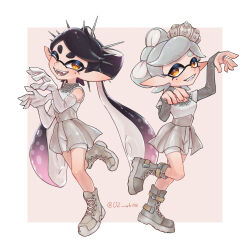 2girls ;d absurdres black_hair boots bow-shaped_hair brown_footwear brown_skirt callie_(splatoon) commentary_request cross-laced_footwear elbow_gloves fangs full_body gloves gradient_hair grey_gloves grey_hair grey_shirt grey_shorts hands_up hat highres inkling layered_sleeves long_hair long_pointy_ears long_sleeves looking_at_viewer marie_(splatoon) mole mole_under_eye multicolored_hair multiple_girls nintendo official_alternate_costume one_eye_closed open_mouth orange_eyes overskirt pikasyake pink_hair pointy_ears shirt short_hair short_over_long_sleeves short_sleeves shorts skirt sleeveless sleeveless_shirt smile splatoon_(series) splatoon_3 standing standing_on_one_leg star-shaped_pupils star_(symbol) suction_cups swept_bangs symbol-shaped_pupils tentacle_hair thick_eyebrows twintails twitter_username two-tone_hair white_hat