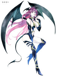 Rule 34 | 1girl, agahari, antenna hair, bare shoulders, between legs, black gloves, black wings, boots, breasts, bridal gauntlets, choker, cleavage, demon girl, demon tail, demon wings, earrings, finger to mouth, fingernails, floating hair, full body, gem, gloves, hand between legs, hand up, head wings, high heel boots, high heels, index finger raised, invisible chair, jewelry, leotard, long hair, looking at viewer, looking down, lost technology, multiple wings, necklace, non-web source, pointy ears, purple hair, revealing clothes, sharp fingernails, shushing, simple background, sitting, solo, tail, thigh boots, thighhighs, very long hair, white background, wings