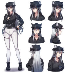 Rule 34 | 1girl, animal ears, ankle boots, arknights, black footwear, black gloves, black headwear, black sweater, boots, breasts, cat ears, closed mouth, collarbone, cropped torso, ears through headwear, expressions, fingerless gloves, full body, gloves, gluteal fold, grey pants, hair between eyes, hat, headset, highres, implied extra ears, long hair, long sleeves, medium breasts, mixed-language commentary, multiple views, official alternate costume, open mouth, pants, parted lips, profile, s-goon, schwarz (arknights), schwarz (skyline) (arknights), shaded face, silver hair, simple background, skindentation, smile, standing, sweater, thigh strap, tight clothes, tight pants, upper body, v-shaped eyebrows, very long hair, white background, yellow eyes