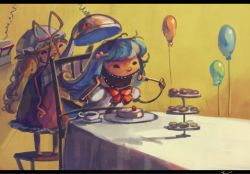 Rule 34 | 2girls, :d, balloon, birthday, blue hair, cake, commentary, eating, electrocution, false smile, food, fork, fruit, hinanawi tenshi, koto inari, letterboxed, multiple girls, open mouth, party, pastry, peach, plate, serving dome, smile, table, tiered tray, touhou, yakumo yukari