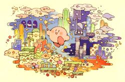 Rule 34 | :d, blush, blush stickers, cloud, flower, flower (symbol), grass, holding, holding wand, kirby, kirby&#039;s dream land, kirby (series), maniani, nintendo, no humans, open mouth, orange flower, palm tree, pillar, smile, solid oval eyes, star (symbol), star wand, tree, wand, white background