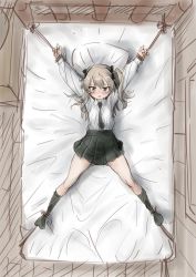 Rule 34 | 1girl, bdsm, bed, bedroom, black necktie, black ribbon, black skirt, black socks, blush, bondage, bound, bound arms, bound legs, brown eyes, dress shirt, from above, frown, girls und panzer, hair ribbon, indoors, light brown hair, long hair, looking at viewer, lying, military, military uniform, miniskirt, necktie, nyororiso (muyaa), on back, on bed, one side up, parted lips, pleated skirt, ribbon, rope, selection university military uniform, shimada arisu, shirt, skirt, socks, solo, tearing up, uniform, white shirt