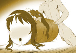 Rule 34 | 1boy, cosplay, drum (container), flower, gradient background, hair flower, hair ornament, idolmaster, idolmaster cinderella girls, long hair, male focus, monochrome, muscular, nude, objectification, plant, sex, side ponytail, solo, takamori aiko, takamori aiko (cosplay), u (the unko), what, white background