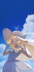 Rule 34 | 1girl, bare arms, blonde hair, blunt bangs, braid, closed eyes, cloud, collared dress, commentary request, creatures (company), day, dress, eyelashes, floating hair, game freak, grin, hands on headwear, hat, hat ribbon, highres, kii (kiiui), lillie (pokemon), long hair, nintendo, outdoors, pokemon, pokemon sm, ribbon, sky, sleeveless, sleeveless dress, smile, solo, sun hat, teeth, twin braids, white dress, white hat
