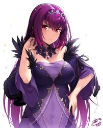 Rule 34 | 1girl, adjusting hair, bare shoulders, breasts, capelet, caster (lostbelt), cleavage, covered navel, detached collar, dress, fate/grand order, fate (series), fur trim, hair between eyes, hand on own hip, headpiece, jewelry, large breasts, long hair, long sleeves, looking at viewer, okitakung, pendant, purple dress, purple hair, red eyes, scathach (fate), scathach skadi (fate), simple background, solo, tiara, upper body, white background, wide sleeves