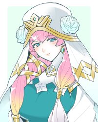 Rule 34 | 1girl, blush, closed mouth, earrings, fire emblem, fire emblem heroes, flower, gradient hair, gunnthra (fire emblem), jewelry, looking at viewer, multicolored hair, nintendo, pink hair, rose, simple background, smile, solo, upper body, white flower, white rose, yurige