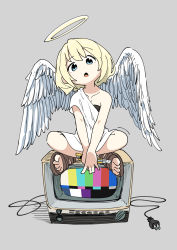 Rule 34 | 1girl, absurdres, angel, blonde hair, blue eyes, crt, feathered wings, female focus, grey background, halo, highres, indian style, nakamori kemuri, open mouth, original, sandals, short hair, simple background, sitting, solo, television, toes, wings