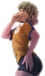 Rule 34 | 1boy, arched back, asioo, ass, biting, bloom, brown hair, dark-skinned male, dark skin, inazuma eleven (series), inazuma eleven go, looking at viewer, male focus, shindou takuto, short shorts, shorts, simple background, soccer uniform, solo, sportswear, thighs, thumb biting, white background