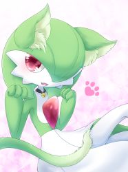 Rule 34 | 1girl, animal ears, bell, blush, cat ears, cat girl, cat tail, collar, colored skin, creatures (company), fangs, game freak, gardevoir, gen 3 pokemon, green hair, green skin, hair over one eye, hands up, highres, jingle bell, looking at viewer, muguet, multicolored skin, nintendo, open mouth, paw pose, paw print, pink background, pokemon, pokemon (creature), red eyes, short hair, smile, solo, tail, two-tone skin, white skin