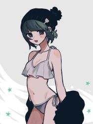 Rule 34 | 1girl, beanie, bikini, blush stickers, breasts, green eyes, green hair, hat, highres, jacket, looking at viewer, maco22, navel, off shoulder, open mouth, original, pom pom (clothes), pom pom beanie, short hair, small breasts, solo, star (symbol), swimsuit