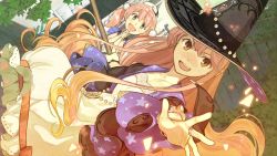 Rule 34 | 10s, 2girls, :d, atelier (series), atelier escha &amp; logy, blush, bracelet, dutch angle, embers, escha malier, female focus, game cg, green eyes, hat, hidari (left side), jewelry, long hair, multiple girls, official art, open mouth, outdoors, outstretched arm, outstretched hand, own hands together, pentacle, pink eyes, pink hair, ring, sidelocks, smile, star (symbol), star print, twintails, wilbell voll-ersleid, witch, witch hat