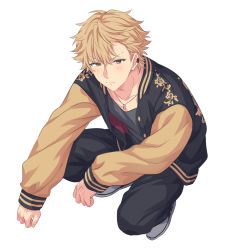 Rule 34 | 1boy, black jacket, black pants, black shirt, blonde hair, blush, brown eyes, brown jacket, closed mouth, ear piercing, helios rising heroes, highres, jacket, jewelry, looking at viewer, male focus, multicolored clothes, multicolored jacket, necklace, open clothes, open jacket, pants, piercing, sekina, shirt, shoes, short hair, solo, squatting, two-tone jacket, white background, will sprout