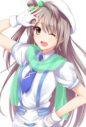 Rule 34 | 10s, 1girl, ;d, arm up, blush, brown hair, earrings, fingerless gloves, gloves, hand on own hip, hat, jewelry, looking at viewer, love live!, love live! school idol project, minami kotori, ok sign, one eye closed, open mouth, scarf, smile, solo, white background, white gloves, wonderful rush, yellow eyes, yuki (sangeki5806)