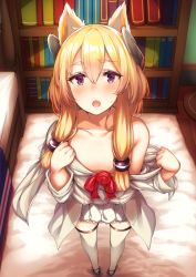 Rule 34 | 1girl, adjusting clothes, alternate costume, azur lane, bare shoulders, bed, bed sheet, blonde hair, blush, bookshelf, collarbone, commentary request, cosplay, dress, flat chest, from above, full body, hair flaps, hair tubes, headgear, highres, historical name connection, kantai collection, long hair, looking at viewer, looking up, mary janes, name connection, off-shoulder dress, off shoulder, open mouth, oversized clothes, purple eyes, see-through, shoes, solo, sweat, thighhighs, tobi-mura, warspite (azur lane), warspite (kancolle), warspite (kancolle) (cosplay), white dress, white thighhighs, zettai ryouiki