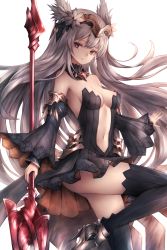 Rule 34 | 1girl, absurdres, armor, armored boots, bad id, bad pixiv id, bare shoulders, black dress, black thighhighs, boots, breasts, center opening, detached collar, detached sleeves, dress, feathers, grey hair, hand up, has bad revision, has downscaled revision, headpiece, high heels, highres, holding, holding polearm, holding spear, holding weapon, leg up, long hair, md5 mismatch, medium breasts, navel, open mouth, original, polearm, purple eyes, resolution mismatch, revealing clothes, revision, sidelocks, snm (sunimi), solo, source smaller, spear, stomach, thighhighs, thighs, very long hair, weapon, wide sleeves