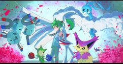 Rule 34 | 1boy, altaria, bird tail, blue eyes, blue skin, cape, cat, clenched hand, closed mouth, colored skin, commentary, creatures (company), delcatty, falling petals, floating, fluffy, gallade, game freak, gen 1 pokemon, gen 3 pokemon, gen 4 pokemon, green hair, green pants, highres, magneton, male focus, medium hair, mega gallade, mega pokemon, nintendo, one eye closed, pants, petals, pokemon, pokemon (creature), pokemon oras, roselia (pokemon), tail, wally (pokemon), white cape, wings, zeroartwo