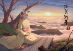 Rule 34 | 1girl, akeome, bare tree, bigrbear, blonde hair, blue sky, board, closed mouth, commentary request, day, flower, fog, food, fruit, grass, green eyes, hair flower, hair ornament, happy new year, highres, japanese clothes, kimono, long sleeves, looking at viewer, mandarin orange, new year, obi, original, outdoors, pig, red flower, sash, seiza, sitting, sky, smile, solo, sunset, tree, wide sleeves, yellow kimono
