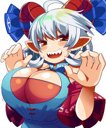 Rule 34 | 1girl, breasts, cleavage, gero zoukin, highres, horns, large breasts, simple background, solo, touhou, toutetsu yuuma, white background