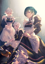 Rule 34 | 3boys, apron, artist name, blue eyes, blue hair, brown eyes, byleth (fire emblem), byleth (male) (fire emblem), clothes lift, corrin (fire emblem), corrin (male) (fire emblem), crossdressing, dress, dress lift, fire emblem, fire emblem: three houses, fire emblem awakening, fire emblem fates, frilled dress, frills, grey background, hair between eyes, highres, maid, multiple boys, nintendo, nokisita 22, outstretched hand, red eyes, robin (fire emblem), robin (male) (fire emblem), short hair, simple background, white hair