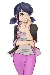 Rule 34 | 1girl, blue hair, fashion, flat chest, green eyes, hayame (m ayame), highres, low twintails, marinette dupain-cheng, miraculous ladybug, short twintails, smile, solo, thigh gap, twintails