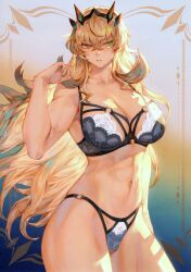 Rule 34 | 1girl, abs, absurdres, blonde hair, bra, breasts, brown eyes, cleavage, collarbone, barghest (fate), fate/grand order, fate (series), gradient background, green eyes, hair ornament, hand up, heterochromia, highleg, highleg panties, highres, jewelry, large breasts, lingerie, long hair, mashuu (neko no oyashiro), muscular, muscular female, navel, o-ring, panties, parted lips, scan, simple background, solo, stomach, thighs, tiara, underwear, very long hair