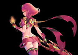 Rule 34 | 1girl, absurdres, ass, black background, black gloves, bob cut, breasts, closed mouth, cowboy shot, crop top, earrings, fingerless gloves, fire, gloves, highres, holding, holding sword, holding weapon, index finger raised, jewelry, ken-san, looking at viewer, looking back, medium breasts, medium hair, micro shorts, midriff, pink hair, pink shorts, pink thighhighs, pyra (xenoblade), red eyes, shorts, smile, solo, standing, sword, thighhighs, weapon, xenoblade chronicles (series), xenoblade chronicles 2