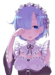 Rule 34 | 10s, 1girl, :o, backlighting, blue eyes, blue hair, blunt bangs, blush, bow, breasts, cleavage, cleavage cutout, clenched hand, clothing cutout, detached sleeves, flipped hair, frills, hair ornament, hair over one eye, hairclip, hand on own face, headdress, looking at viewer, maid, maid headdress, matching hair/eyes, official art, ootsuka shin&#039;ichirou, re:zero kara hajimeru isekai seikatsu, red ribbon, rem (re:zero), ribbon, short hair, simple background, solo, tears, turtleneck, upper body, white background, wiping tears