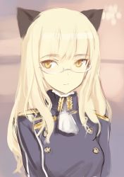 Rule 34 | 1girl, animal ears, blonde hair, cat ears, commentary, glasses, long hair, lowres, military, military uniform, aged up, perrine h. clostermann, shimada fumikane, solo, strike witches, uniform, upper body, world witches series, yellow eyes
