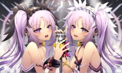 Rule 34 | 2girls, bare shoulders, black dress, black hairband, blush, bow, breasts, cleavage, commentary request, cuffs, dress, euryale (fate), euryale (twin star divas) (fate), fate/hollow ataraxia, fate (series), flower, frilled hairband, frills, hair ornament, hairband, headphones, koruta (nekoimo), long hair, looking at viewer, microphone, microphone stand, multiple girls, open mouth, parted bangs, pink bow, purple eyes, purple hair, rose, siblings, sisters, sleeveless, sleeveless dress, small breasts, stheno (fate), stheno (twin star divas) (fate), twintails, upper body, white dress, white hairband, yellow flower, yellow rose