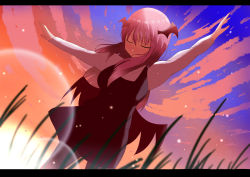 Rule 34 | 1girl, absurdres, backlighting, bat wings, black pantyhose, black skirt, black vest, blush, breasts, closed eyes, closed mouth, cloud, collared shirt, commentary request, demon girl, dress shirt, from below, gradient sky, grass, head wings, highres, koakuma, lens flare, letterboxed, light particles, long hair, long sleeves, looking down, low wings, medium breasts, outstretched arms, pantyhose, red hair, shirt, sidelocks, skirt, skirt set, sky, solo, sorabeoekaki, spread arms, sunset, touhou, vest, white shirt, wings