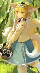 Rule 34 | 1girl, absurdres, animal, animal ears, animal on head, animal on shoulder, arknights, basket, black cat, blonde hair, blue dress, blush, cardigan, cat, cowboy shot, dress, forest, fox ears, fox girl, fox tail, grass, green eyes, highres, holding, holding basket, kitsune, long hair, long sleeves, luo xiaohei zhanji, multicolored hair, multiple tails, nature, neck ribbon, on head, open cardigan, open clothes, outdoors, parted lips, red ribbon, ribbon, solo, streaked hair, suzuran (arknights), suzuran (spring praise) (arknights), tail, teeth, tree, triangle mouth, ufoliving, upper teeth only, white hair, yellow cardigan