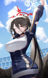 Rule 34 | 1girl, :o, arm behind head, arm up, black choker, black hair, black wings, blanc (blanc97), blue archive, blue jacket, blue sky, blush, breasts, choker, cloud, commentary, cowboy shot, day, hair between eyes, halo, hasumi (blue archive), hasumi (track) (blue archive), high ponytail, highres, jacket, large breasts, long hair, looking at viewer, one eye closed, open clothes, open jacket, open mouth, outdoors, outstretched arm, red eyes, shirt, sidelocks, sky, standing, stretching, wall, white shirt, wings
